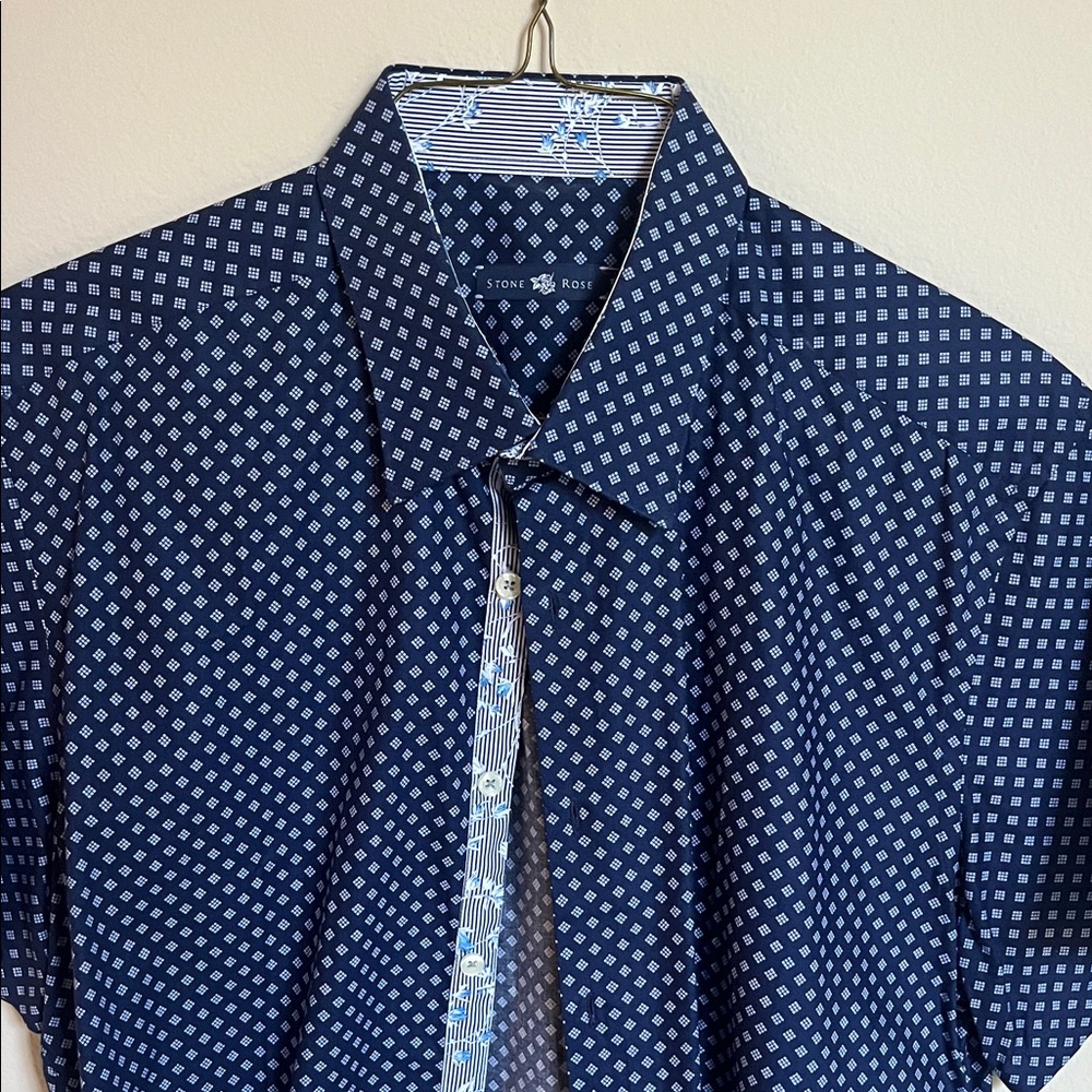 Stone Rose Navy Diamond-Print Short Sleeve Shirt
